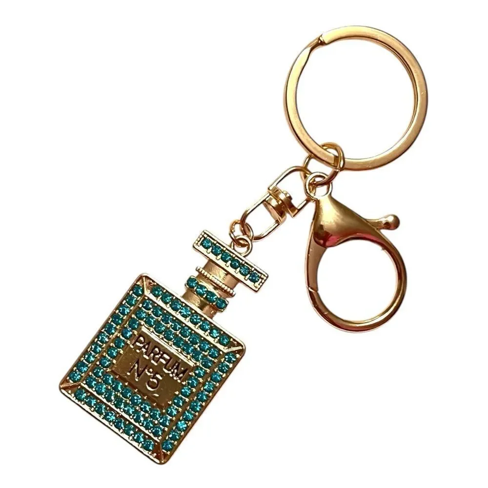 Blue Crystal Parfum No.5 Perfume Bottle Gold Keychain